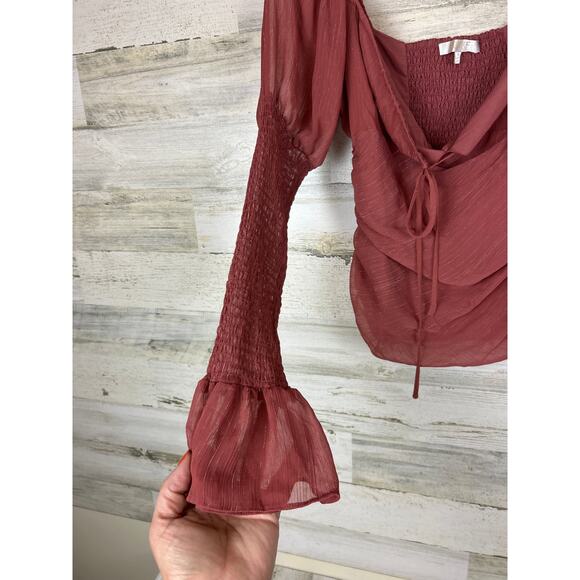 WAYF Women’s S Mauve Gold Shimmer Ruched Puff Sleeve Smocked Cropped Top Blouse - Picture 9 of 10